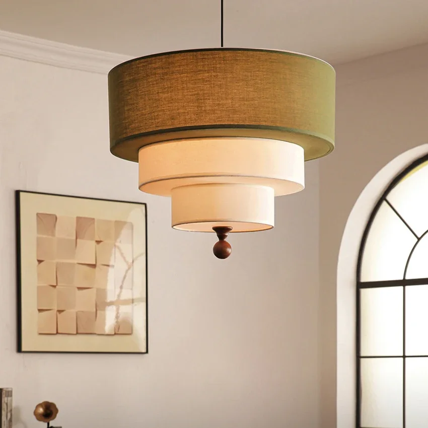 Boho Vintage Sage and Cream Fabric Pendant Lamp with Wooden Detail for Dining Room Living Room