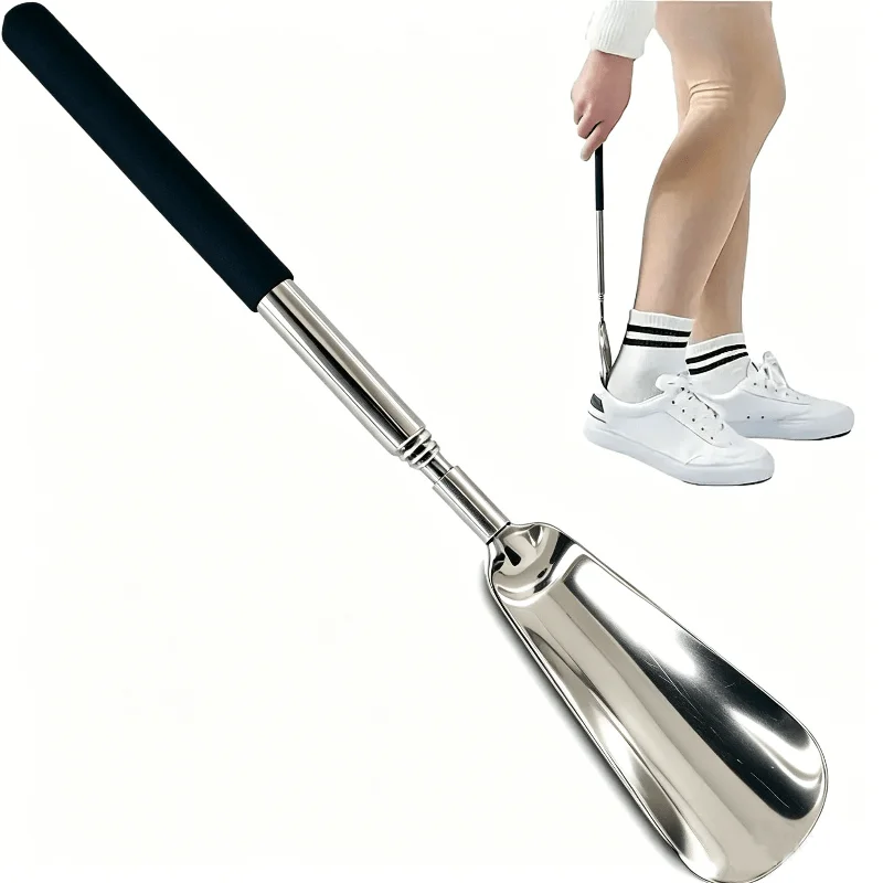 Telescopic Stainless Steel Shoe Horn Long Handle Soft Grip Shoe Lifter Portable Extended Shoe Helper Dressing Aid for Elderly
