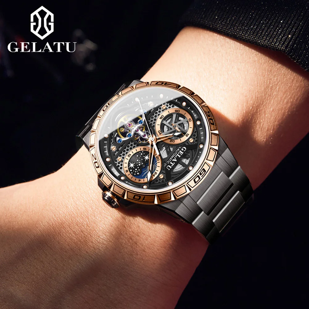 GELATU 6020 Men\'s Watches Classic Fashion Original Waterproof Automatic Mechanical Watch for Man Hollow Flywheel Moon Phase Dial