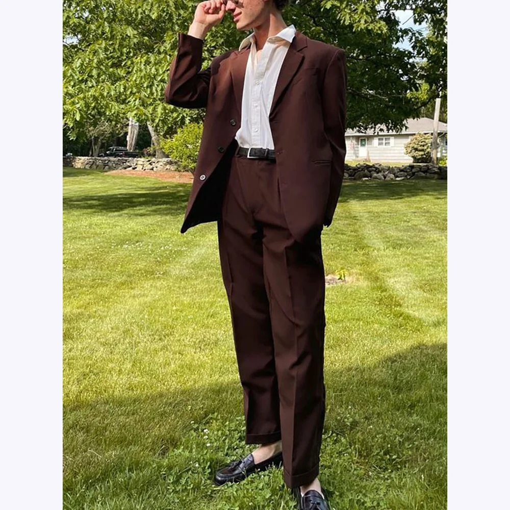 

Brown Men's Suits Loose Fit 2 Piece Notch Lapel Single Breasted Suit Wedding Prom Party Casual Male Blazer Fashion Outfits