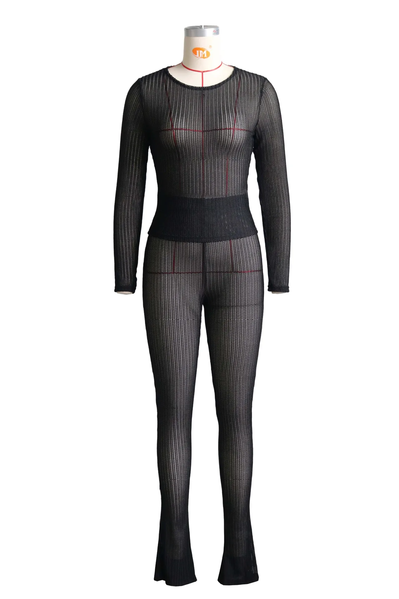 2024 Sexy Solid See Through Hollow Out Slim 2 Piece Set Women Long Sleeve Round Neck Top and Pants Night Club Party Matching Set