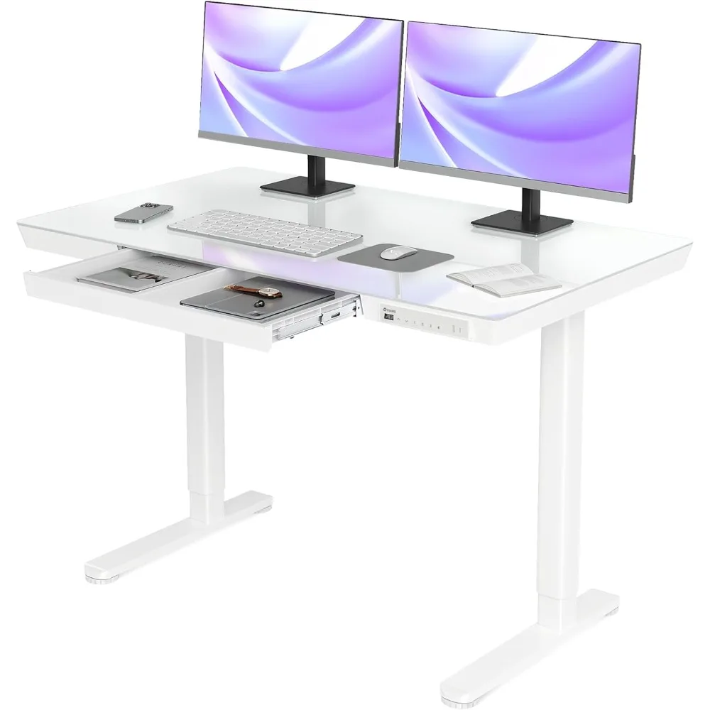 

Glass Standing Desk with Drawers, 48×24 Inch Adjustable Stand Up Desk, Quick Install Home Office Computer Desk with USB Ports