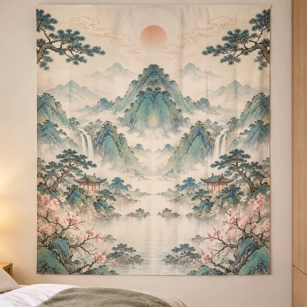 VIKAMA Chinese Blue Green Landscape Mirror Symmetric Tapestry Wall Hanging, Oriental Wall Decor
