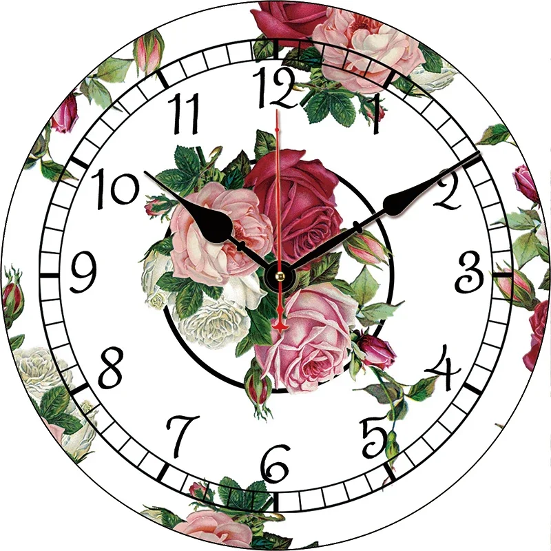 Roses Flowers Wall Clock Round Silent Clocks Wall Mounted Carfts Art Decor For Home Bedroom Living Room Office Decoration