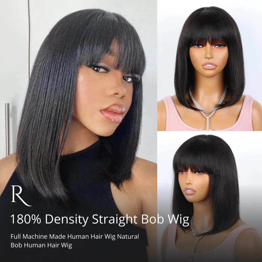 180% Density Straight Bob Wig With Bangs Short Full Machine Made Human Hair Wig Natural Bob Human Hair Wig With Bangs For Women