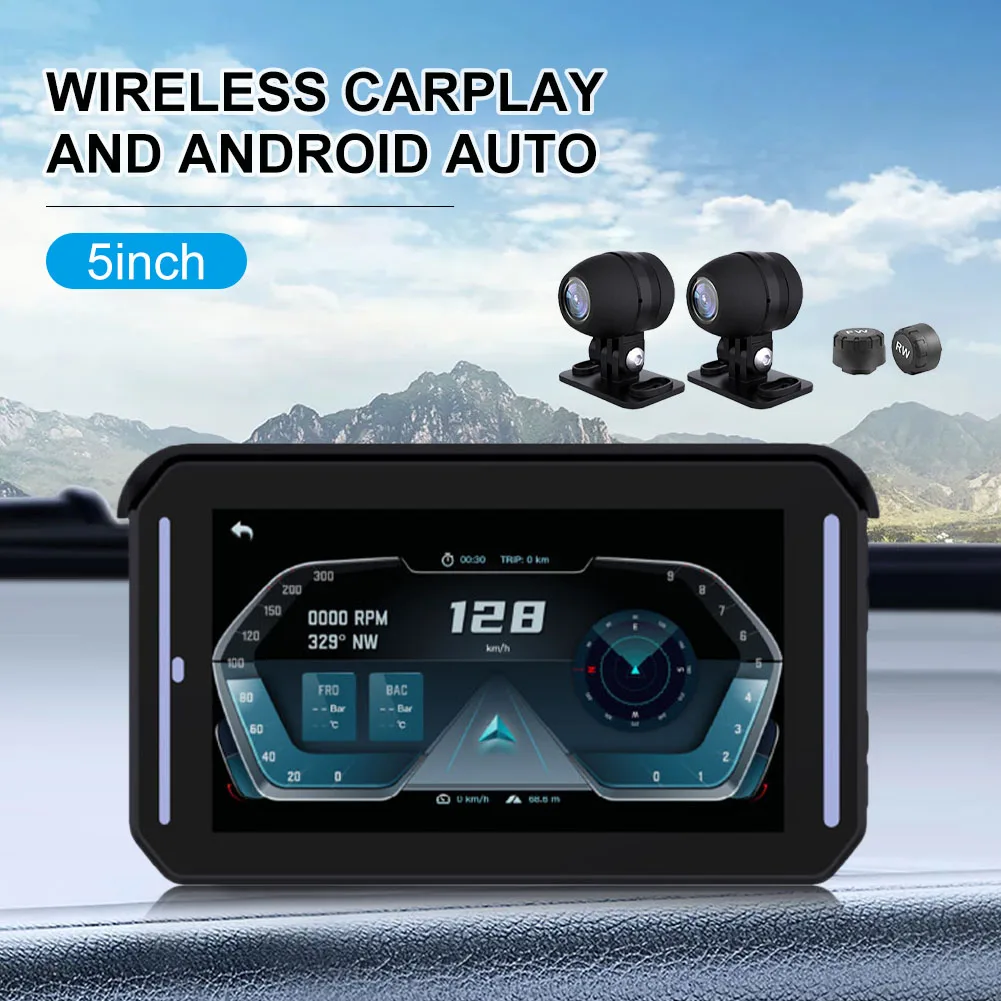 Draadloze CarPlay Android Auto Touchscreen voor Motorfiets GPS Navigatie 5 "Touchscreen Voor Achter Lens 1080P Rijden Recorder