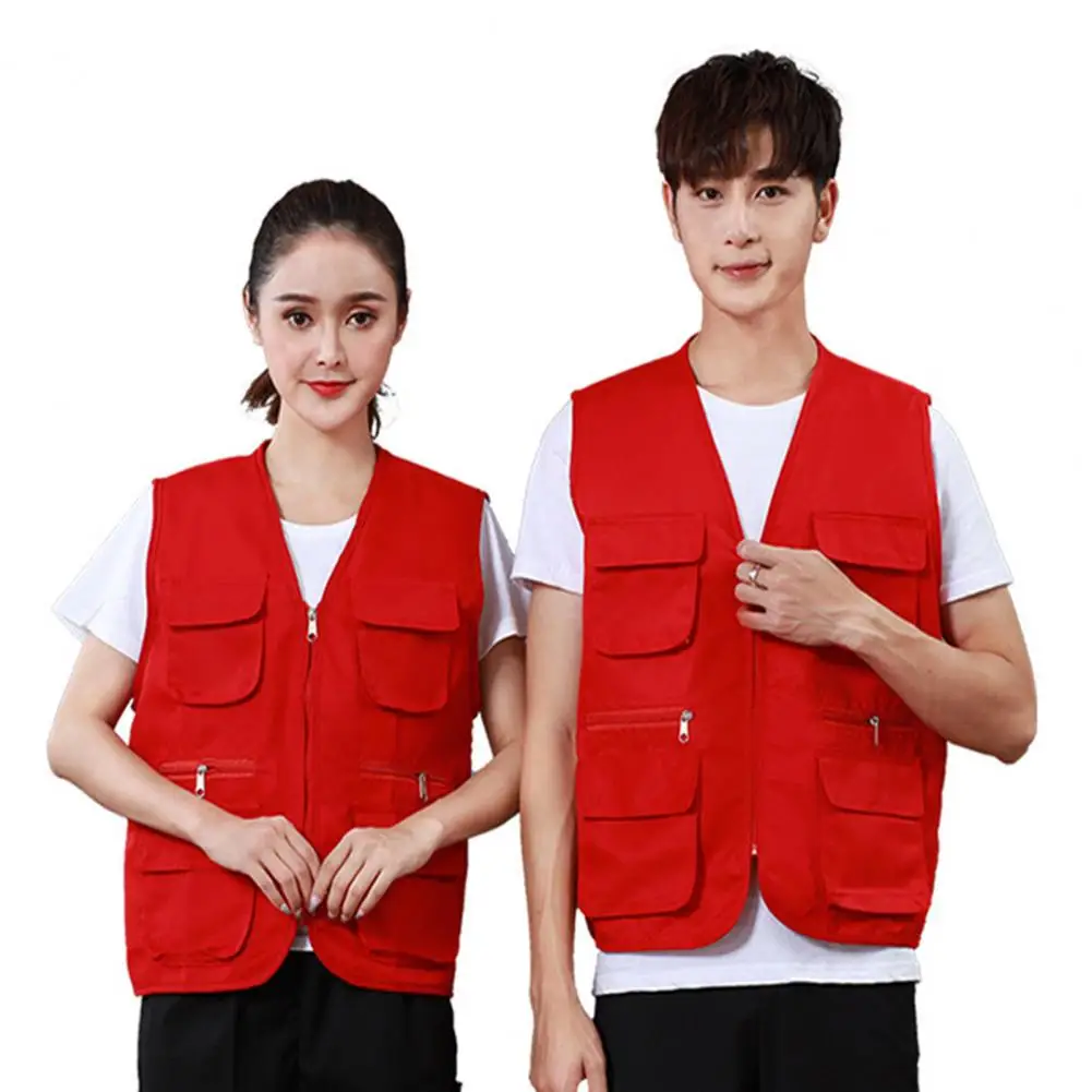 Men Solid Color Multiple Pockets Vest Coat V-neck Zipper Unisex Outdoor Photographer Volunteer Waistcoat Hiking Working Clothing