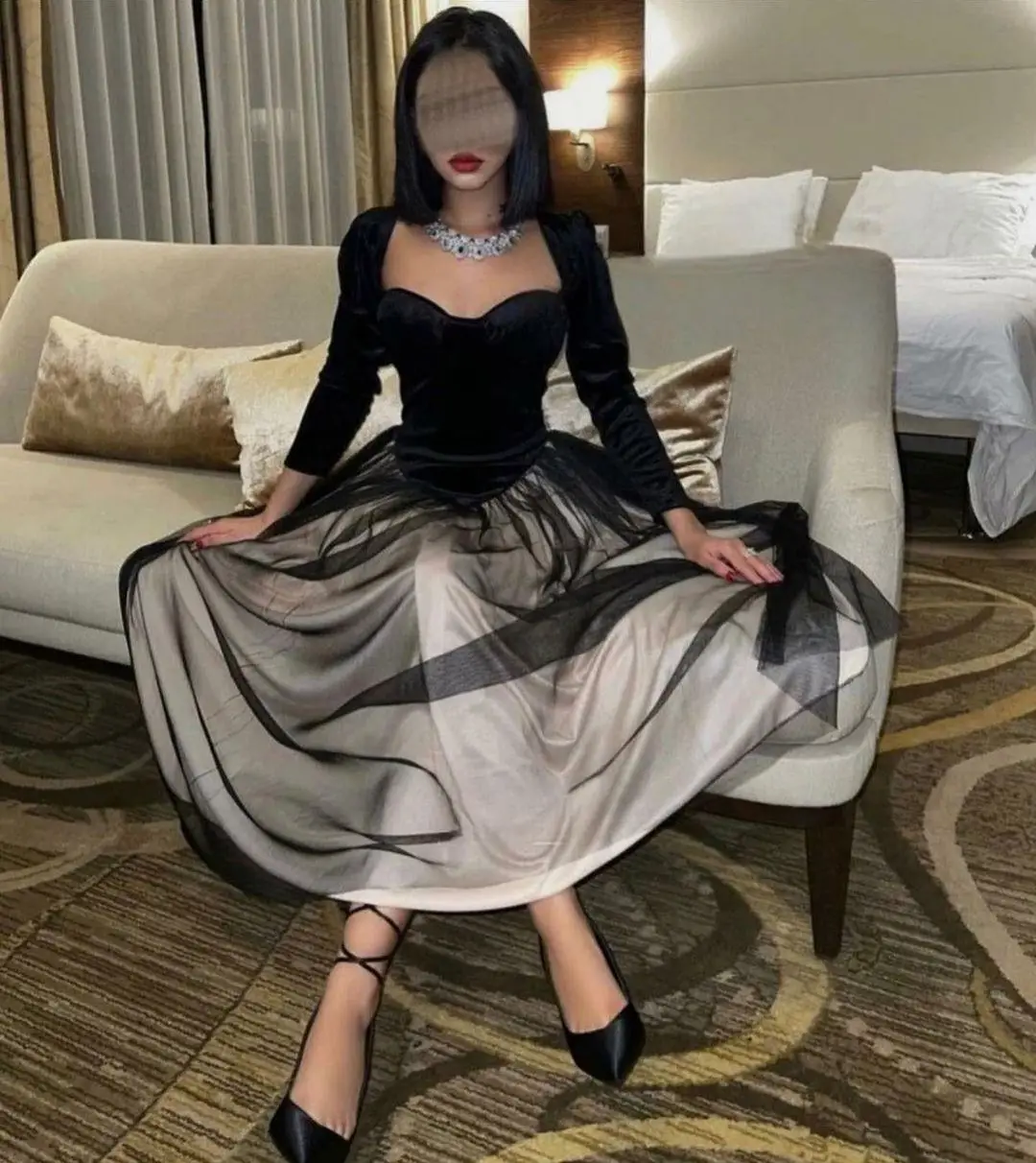 

OIMG New Design Sweetheart Prom Dresses Long Sleeves Saudi Arabic Velvet Ruched Corset Women Evening Gowns Formal Party Dress