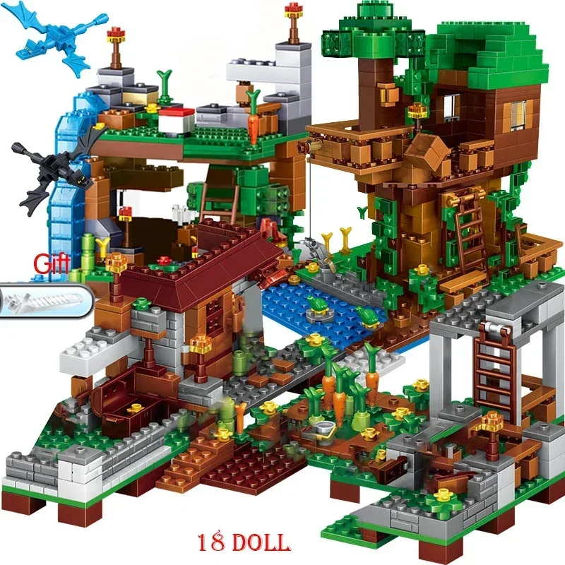 Brinquedos quentes 1208 pçs blocos de construção para legoinglys minecrafted aldeia cavalo de guerra cidade árvore casa cachoeira brinquedos educativos para crianças