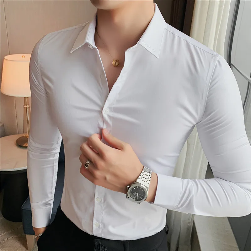 

2023 Men's Social Shirt Formal/ Collar Embroidered Texture Dark Striped Shirt Stylish Slim Business Casual Long-sleeved Shirts