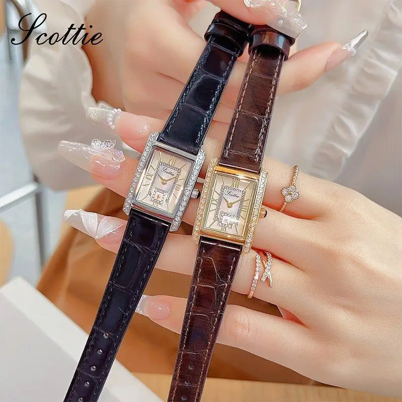 

New SquareFaced Leather Strap Women'S WatchDenim Blue DialStylish Quartz WristwatchA Perfect Item For WomenA Small Ladies' Watch