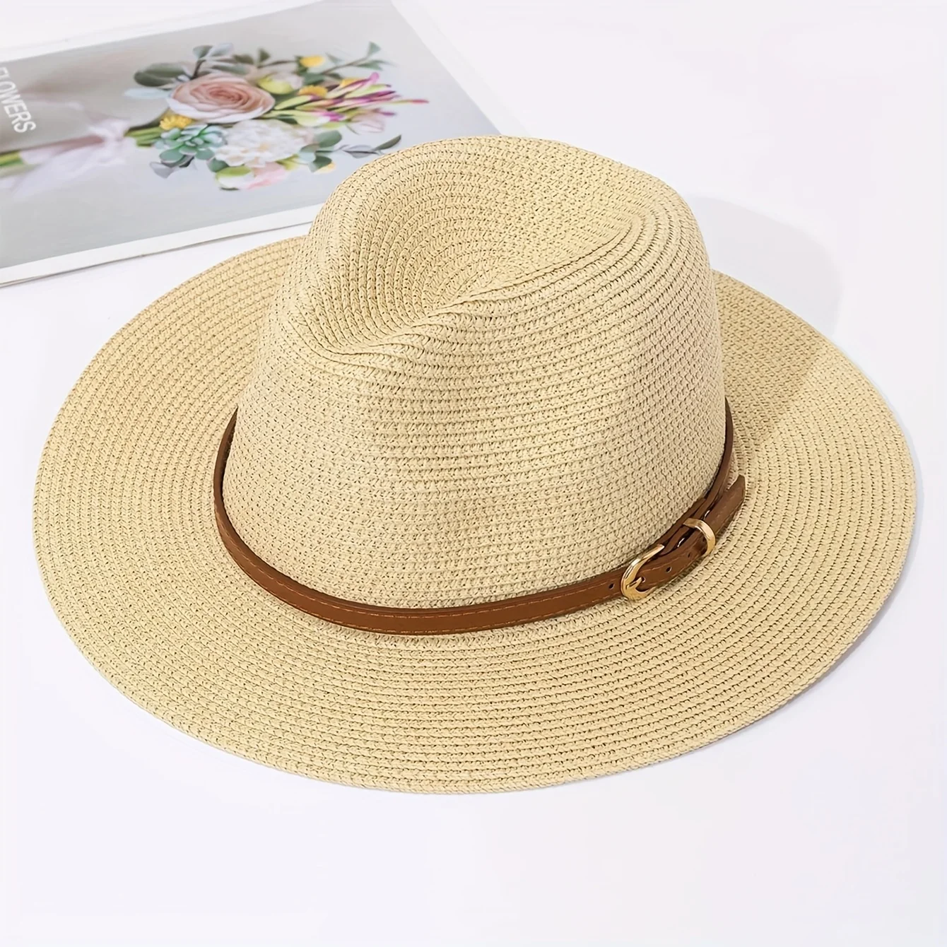 Women'S Wide Brim Sun Hat, Lightweight Flat Hat with Drawstring, Faux Fur, Solid Color, for All Seasons, Beach Accessories image 5