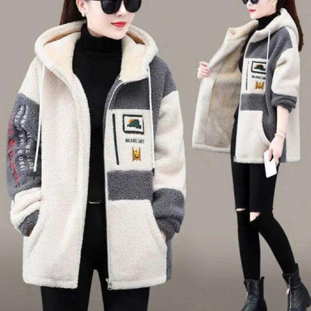 Winter Women Hooded Jacket Colorblock Thick Plush Long Sleeve Hooded Coat Letter Embroidery Drawstring Zipper Cosure Lady Coat