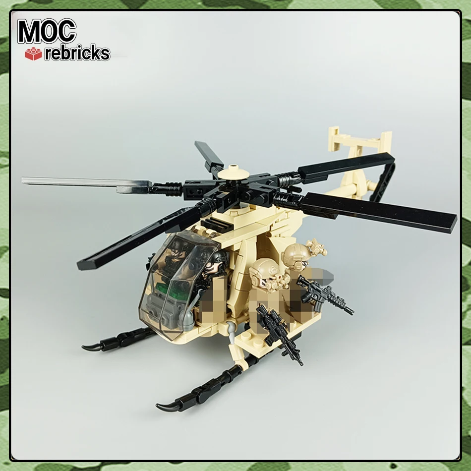 WW2 seria wojskowa MOC cegły MH-6 helikoptery przewożące żołnierzy klocki do budowy zestaw modeli DIY zabawki dla dzieci urodziny prezenty