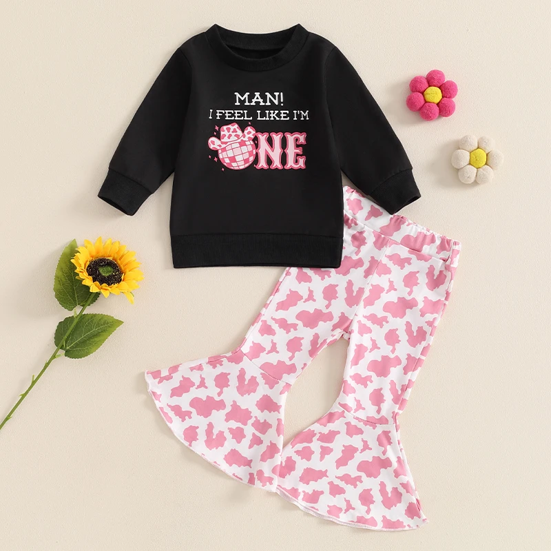 

Suefunskry Baby Girls Birthday Pants Set Letter Print Long Sleeve Sweatshirt Tops Cow Print Long Flare Pants Fall Outfits