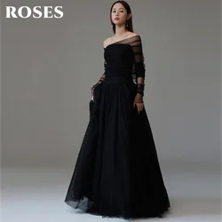 ROSES Black Tulle Korea Prom Dresses Long Sleeves Corset Back Prom Gown Elegant Backless Wedding Party Dress 프롬 드레스 Customized