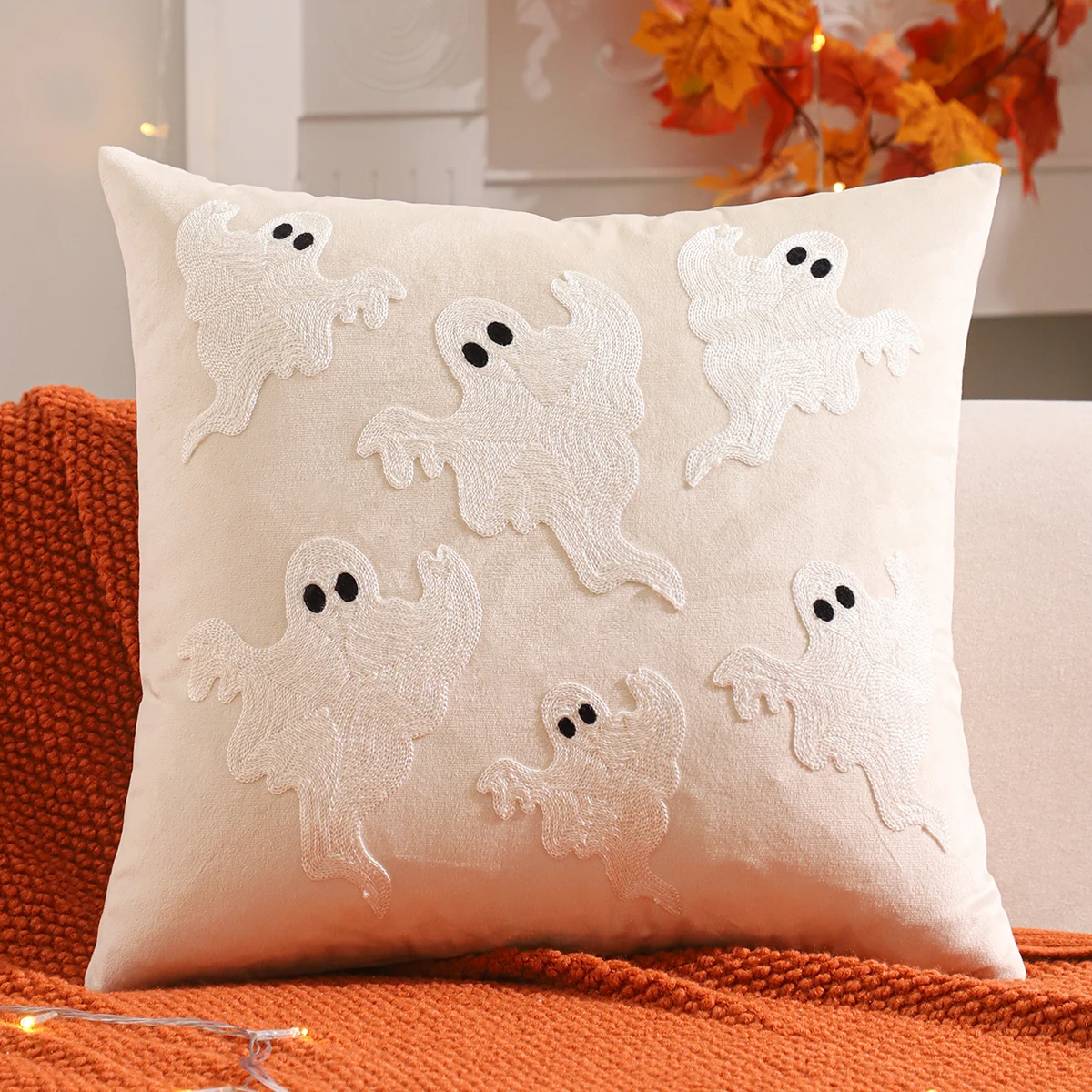 PC Halloween Decoration Throw Pillow Cover Pumpkin Ghost Embroidery Velvet Autumn Thanksgiving Harvest Home Living Room