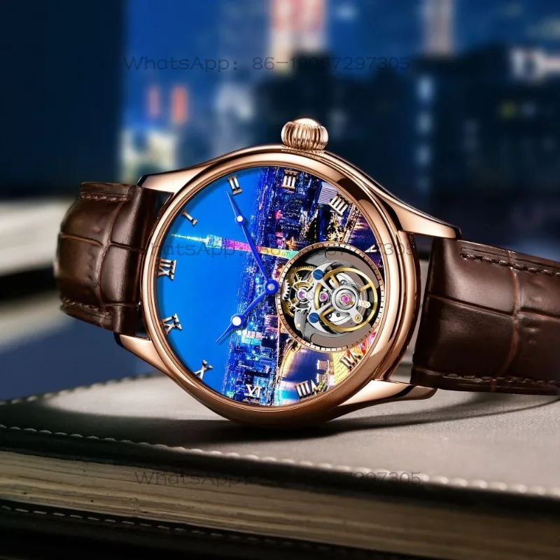 Pearl River Night View Canton Tower Manual Luminous Waterproof Mechanical Tourbillon Table 7076