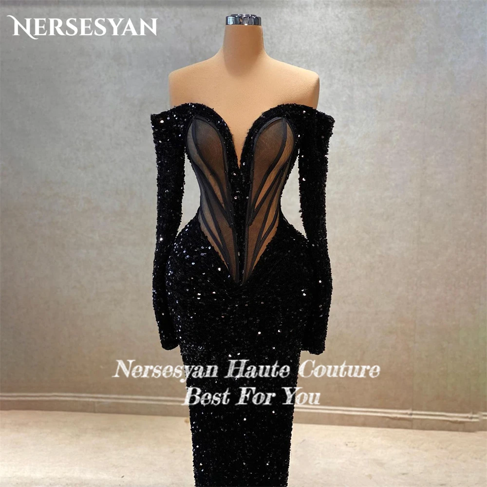 Nersesyan Luxury Black Glitter Evening Dresses Mermaid Off Shoulder Long Sleeves Prom Dress Sequins Wedding Party Gowns 2024