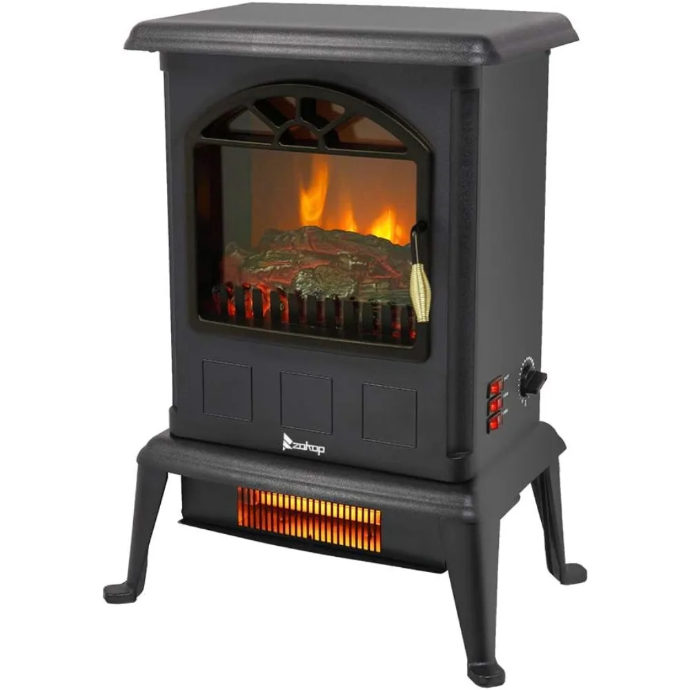 مدفأة كهربائية واقعية لهب، سخان موقد بالأشعة تحت الحمراء قائم بذاته مع وضعين للتدفئة، التحكم في المقبض، حماية من الحرارة الزائدة