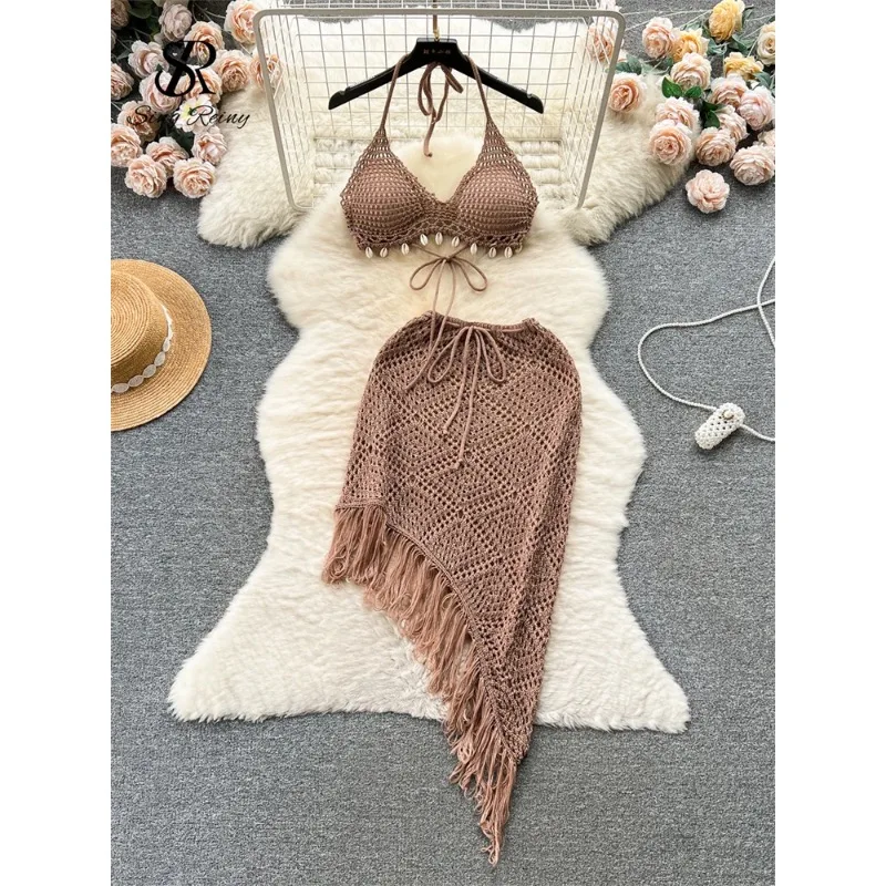 

Vacation Sexy Suits Strapless Halter Backless Bikini+Drawstring Tassel Skirt Women Beach Knitted Two Pieces Suits