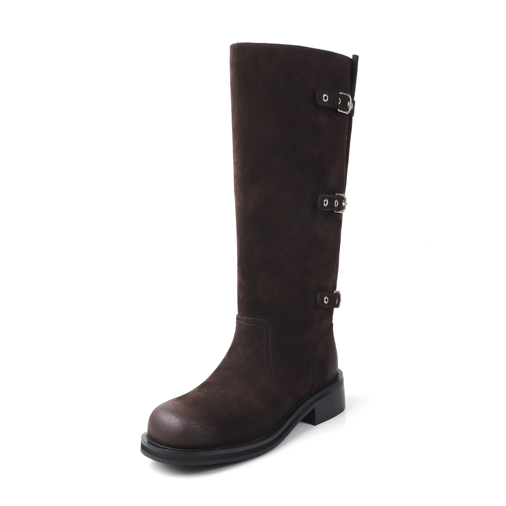 Women Punk Boots New Trendy Square Heel Street Shoes Brown Shoes Genuine Leather High Boots Cowgirl Cowsuede Buckle Boots