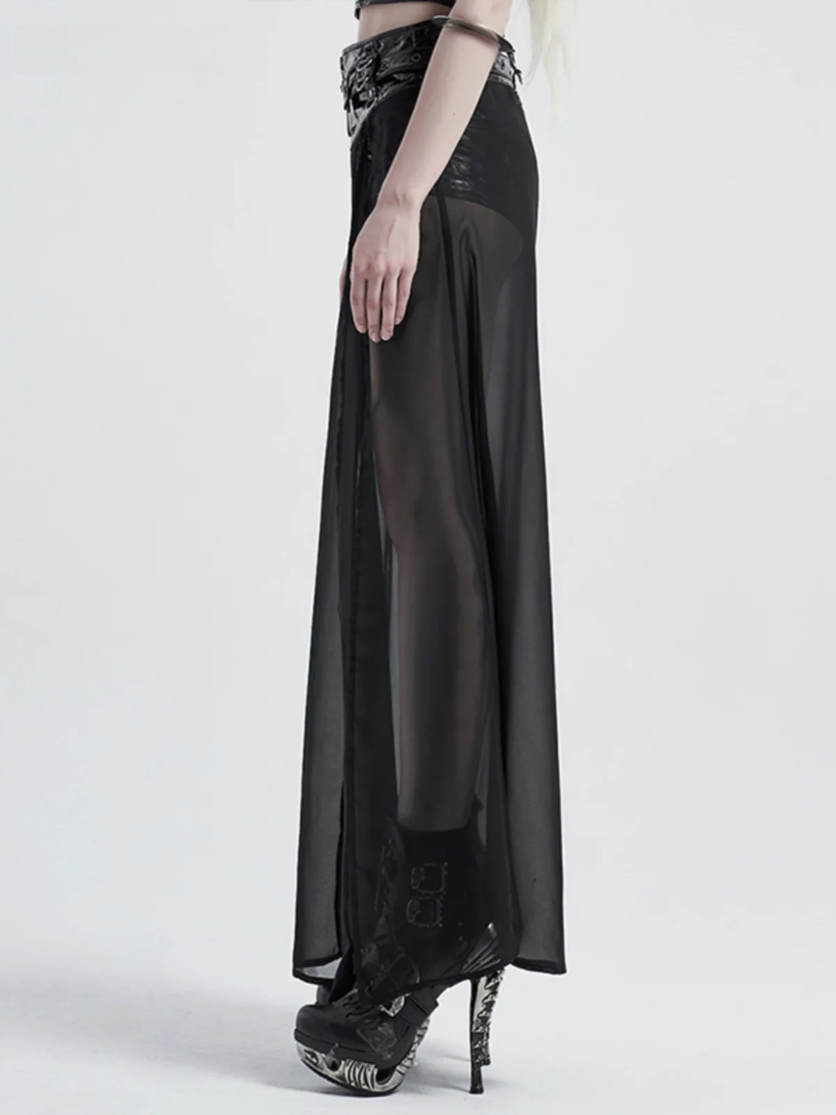 PUNKRAVE Punk Style High Waist Mesh Split Mid-Length Skirt Women's Sexy Floating Half Skirt Fake Two-Piece Polyester Blend Lo...