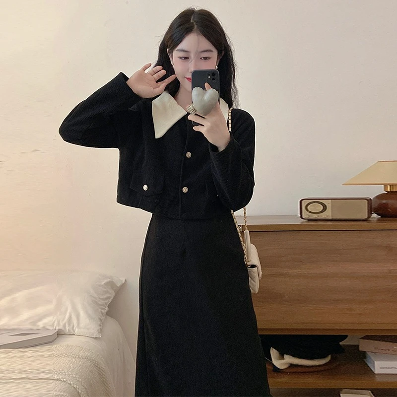 

Вельветовый комплект из двух предметов, новый стиль, светское пальто больших размеров для полных девочек + длинная юбка средней длины, комплект для женщин, осень/зима 2026, осень/зима