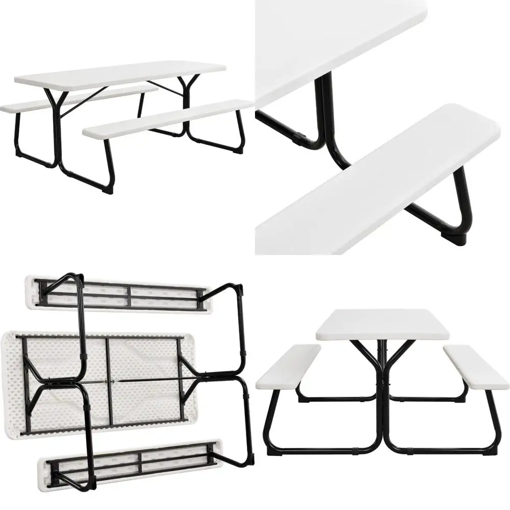 

White 6-Foot Outdoor Plastic Picnic Table with Molded Top and Benches, Steel Frame, 72" Length x 60" Width x 30" Height, Support