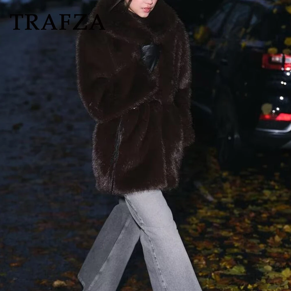 TRAFZA 2025 Women Furry Faux Fur Vintage Winter Long Jacket Sashes Loose Turn-down Colla Elegant Outwear Luxurious Party Coats