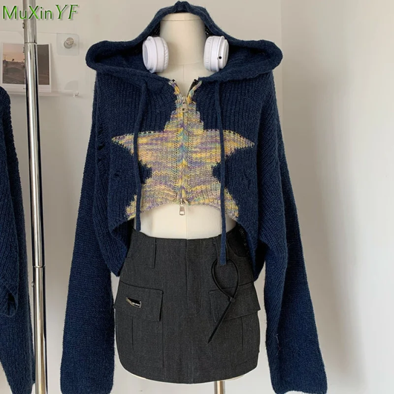 2023 Women Autumn American Retro Star Short Zipper Hooded Sweater Cardigan Lady Fashion Knit Crop Tops New Blue Knitwear Female