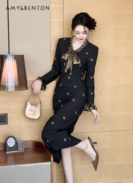 

Spring and Autumn New French Style Commuting Banquet V-Neck High Waist Slim Fit Butterfly Embroidery Long Black Dress