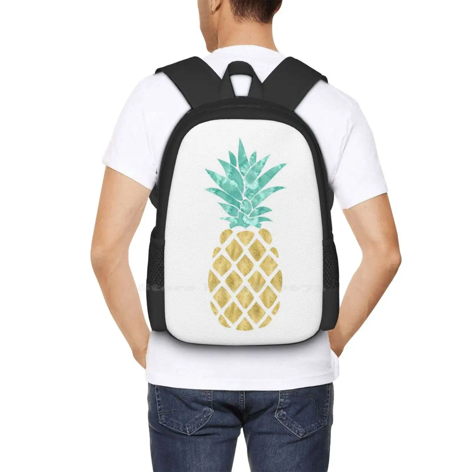 Mochila dorada para estudiantes universitarios, bolsa de diseño con patrón de piña, fruta, playa Tropical, Hawaii, acuarela dorada, verde azulado, Aqua