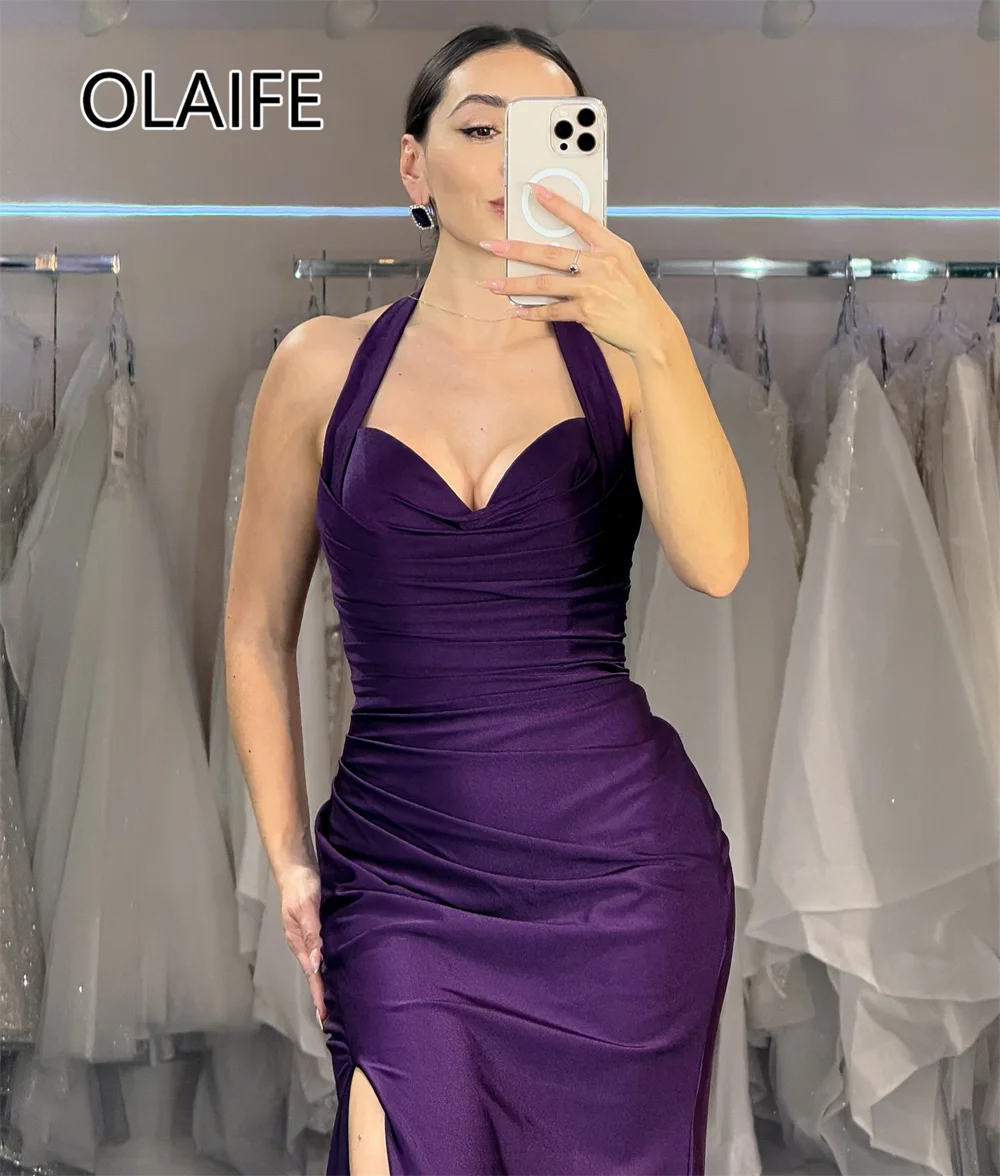 Modest Halter Satin Pleated Formal Evening Party Dress Backless Side Slit Prom Club Bridesmaid Gown with Court Customized