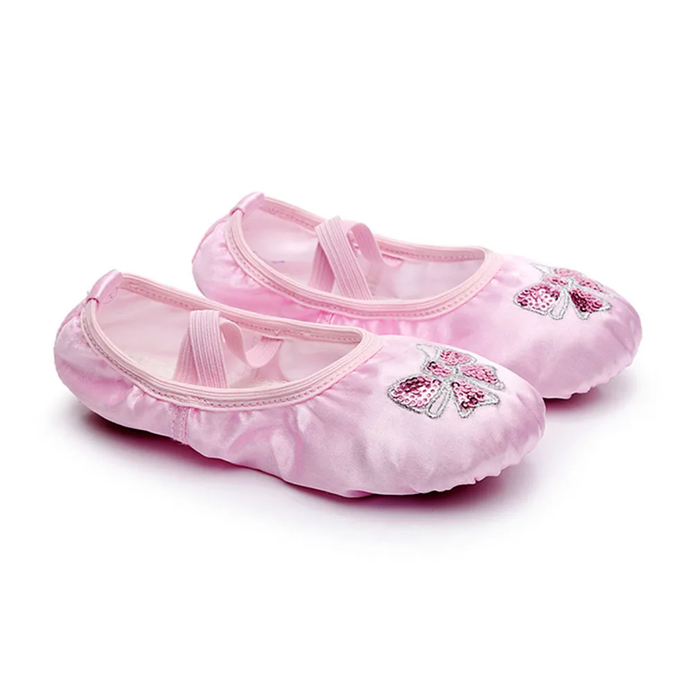 

Satin Ballet Dance Shoes Pink Size 28 Embroidery Pattern Split Suede Sole Stretch Belt for Ballet Jazz Yoga Gymnastics