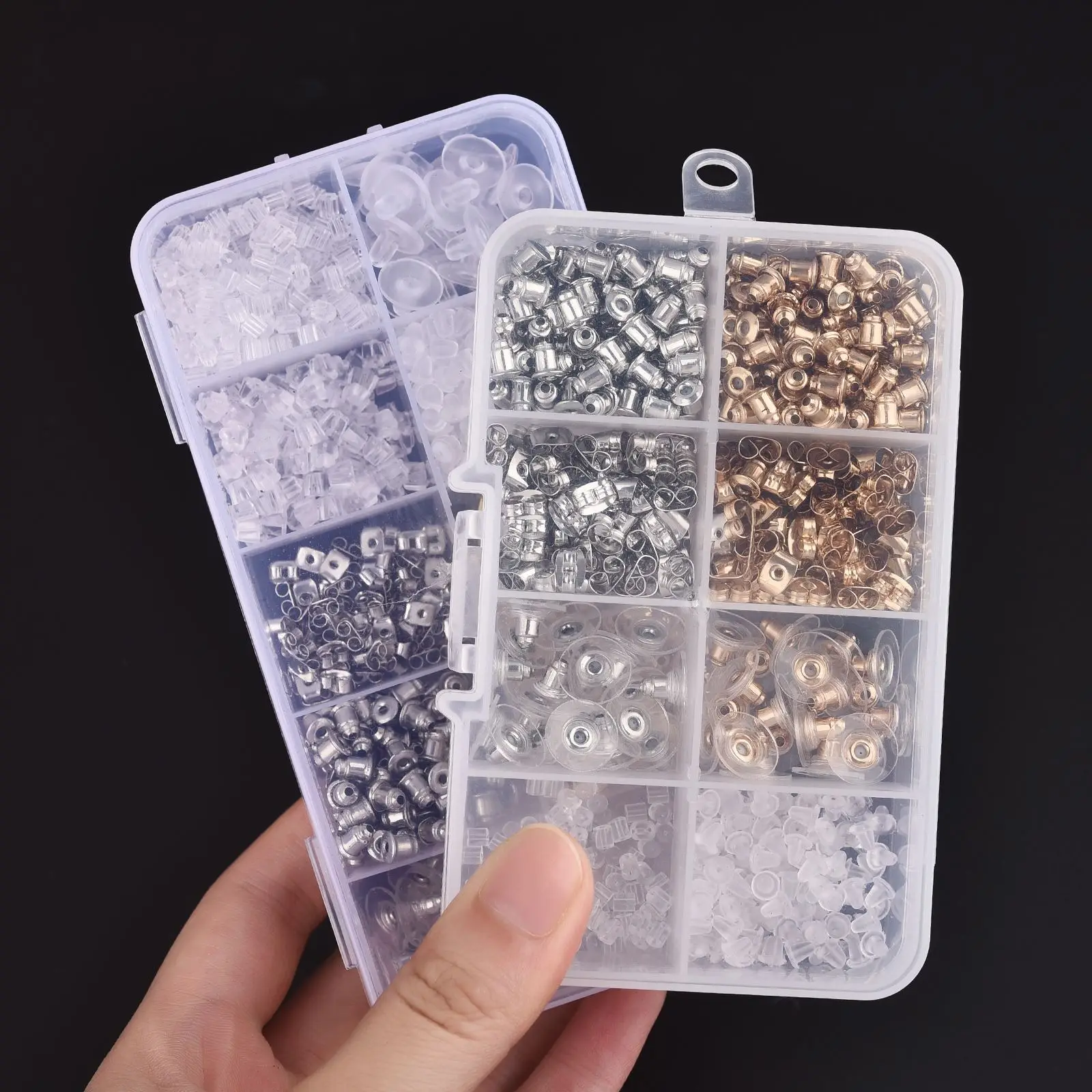 100-1040Pcs Ear Plug Box Clear Silicone Rubber Alloy Earring Clasp Earrings Accessories Kit DIY Jewelry Making Ears Hook Finding