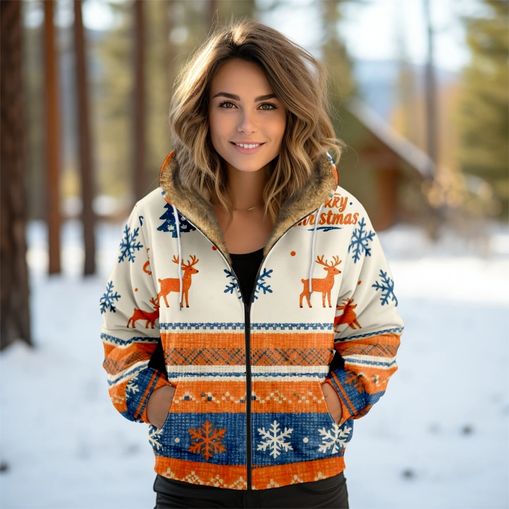 

Уютная зимняя толстовка с капюшоном на пушистой флисовой подкладке, скандинавская рождественская куртка на молнии с рисунком, женское утолщенное пальто с капюшоном в виде оленей и снежинок