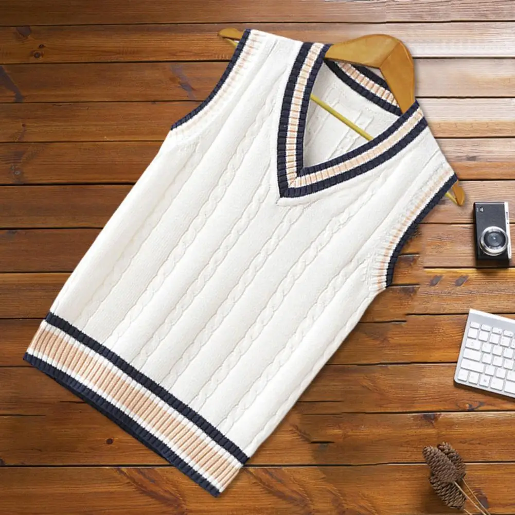 

Sweater Vest Men Thicken V-neck Sleeveless Knitted Sweaters Vests Striped Retro Preppy-style Simple Chic Loose Casual All-match