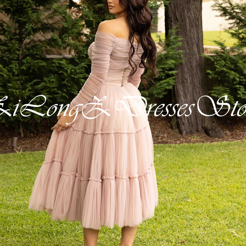 Elegant Party Evening Dresses Woman Off the Shoulder Tea Length A-Line 4/3 Sleeve Tulle Solid Color Buttons Bespoke Occasion