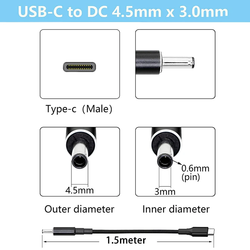 Type C to 4.5x3.0mm Plug Converter 100W USB C PD Fast Charging Cable for HP Dell Laptop Charger Adapter Connector Cable Cord