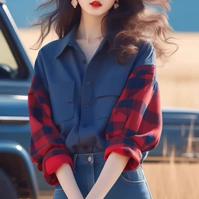 Vintage Plaid Patchwork Shirt Tops Spring New Polo Neck Long Sleeve Contrast Street Casual Blouse Trend Fashion Women Clothing
