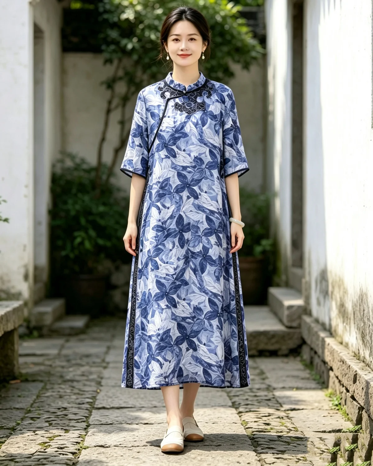 Chinese cheongsam dress Blue ramie stand collar wax printing long dresses vintage embroidery loose Womens dresses