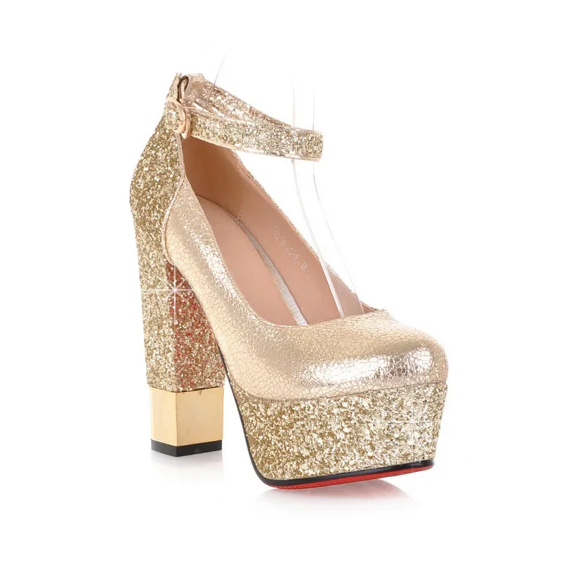 Piattaforma da donna tacchi alti 13cm oro Glitter Splicing cinturino alla caviglia Sexy tacchi spessi décolleté scintillanti scarpe da sera da