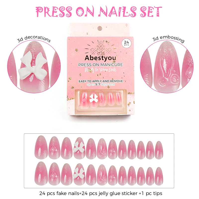 

24pcs J-K French Acrylic Short Press-on Nails Sets 3d Embossing Decorations Unhas Charms Polygel Polish Cosas Para Manicurista