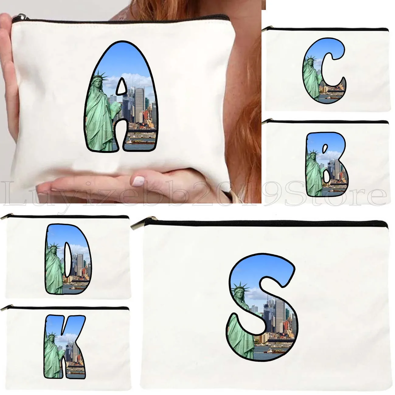 

New York Alphabet Initial Letter Statue Of Liberty NYC Cute Gifts Canvas Cosmetic Bag Makeup Toilet Bag Pencil Case Zipper Pouch