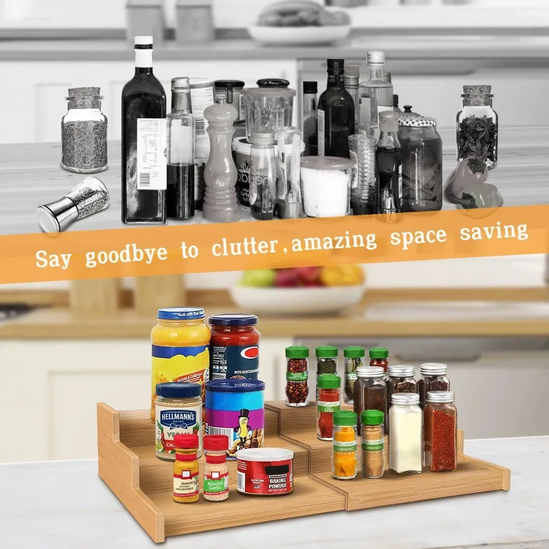 Creative Bamboo Kitchen Telescopic Storage Rack, Three-Layer Shelf, Seasoning Multi-Functional Storage Rack