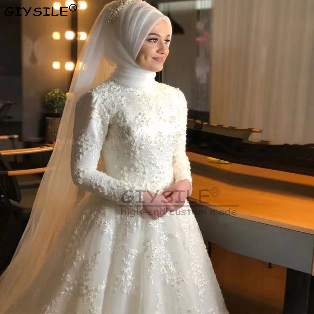 

GIYSILE Customized Muslim Wedding Dress White Long Sleeve Lace vestidos de noiva Plus Size Vintage Button Bcak Simple trouwjurk