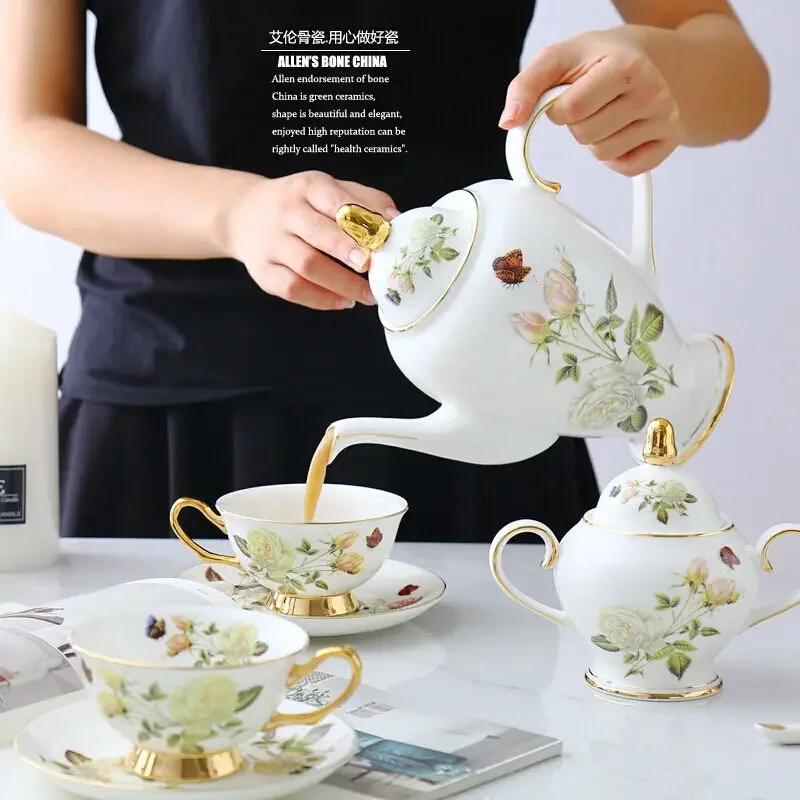 Rose Bone China Coffee Set British Porcelain Tea Set Ceramic Pot Creamer Sugar Bowl Teatime Teapot Coffee Cup Mug Coffeeware