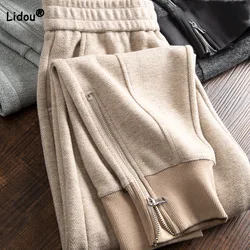 Calça de harém de cintura alta feminina, solta, zíper, emendado, monocromático, esportivo, casual, elástico, grosso, nova moda, outono, inverno