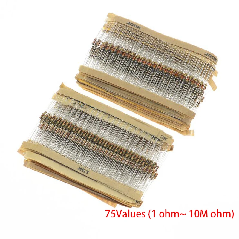 

New 1500pcs 1/4W Power Carbon Film Resistors Assorted kit 75Values (1 ohm~ 10M ohm) Resistance 5% Tolerance Resistor Pack IC